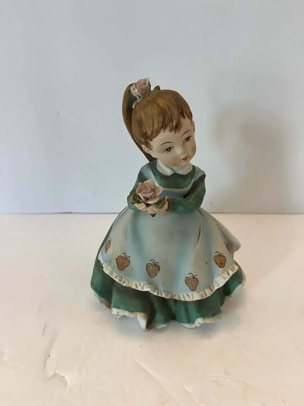 Vintage Lefton China Girl Figurine Holding Rose with Strawberries Dress KW340A